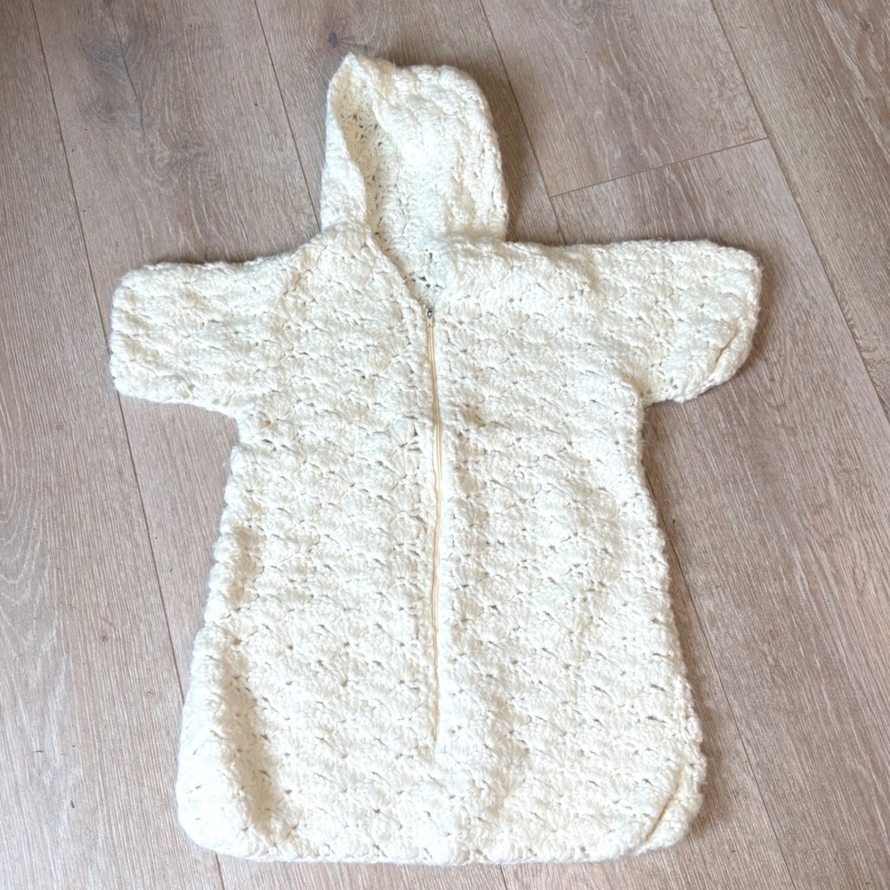 Handmade Crochet Baby Bunting Off -White Hooded  Sack Newborn Likely Vintage